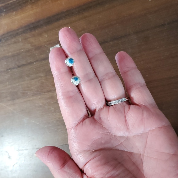 Jasper 925 Earrings Sterling Silver Stud Post Blue White Evil Eye Round Stack - Picture 7 of 8